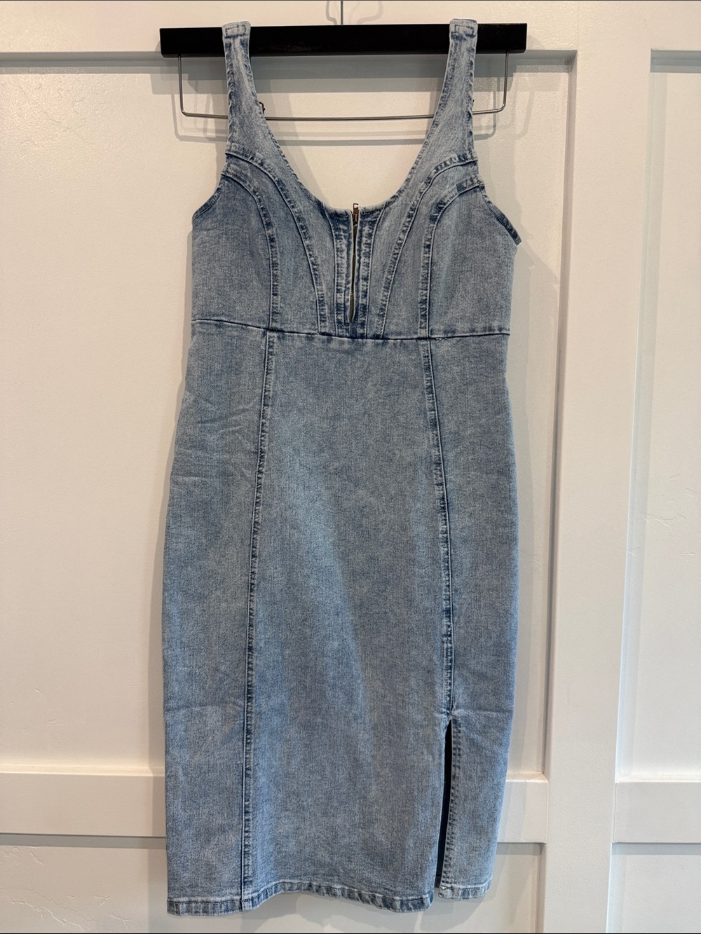 Light Blue Denim Midi Dress with Front/Back Zip and Side Slit
